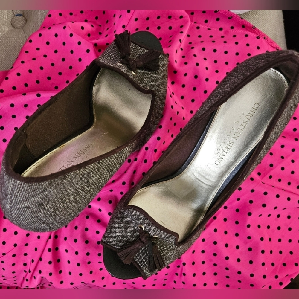 Christian Siriano Brown Peep Toe Tweed Vintage Preppy Tassel Heels Sz 9 - Picture 2 of 8